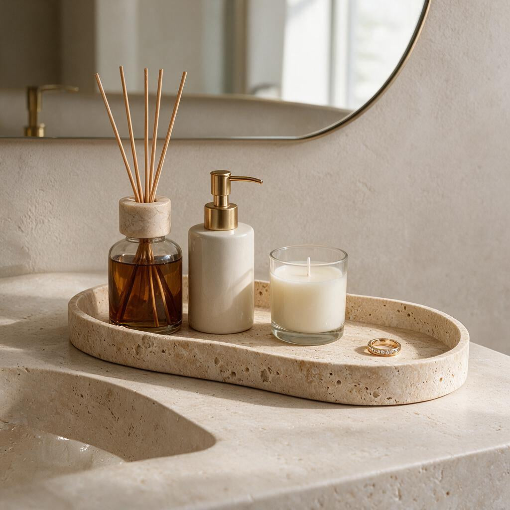 Travertine-Look Oval Tray — interior setting