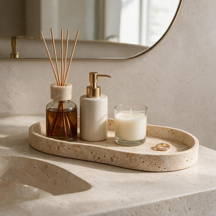 A decorative tray styled for small daily keepsakes