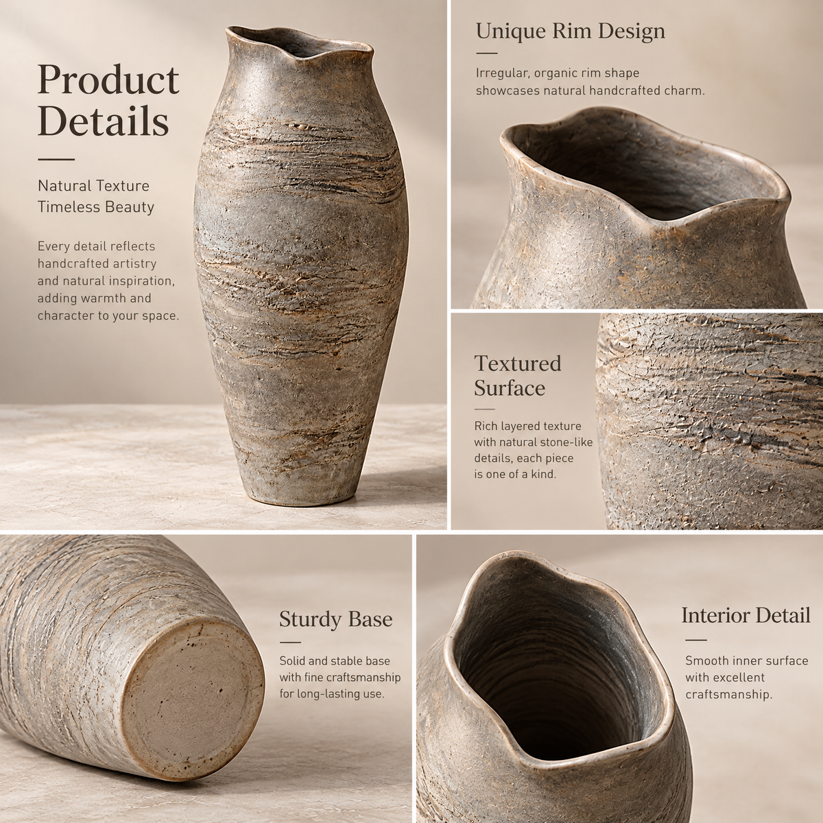 Ash Gray Ripple-Rim Vase — visual details