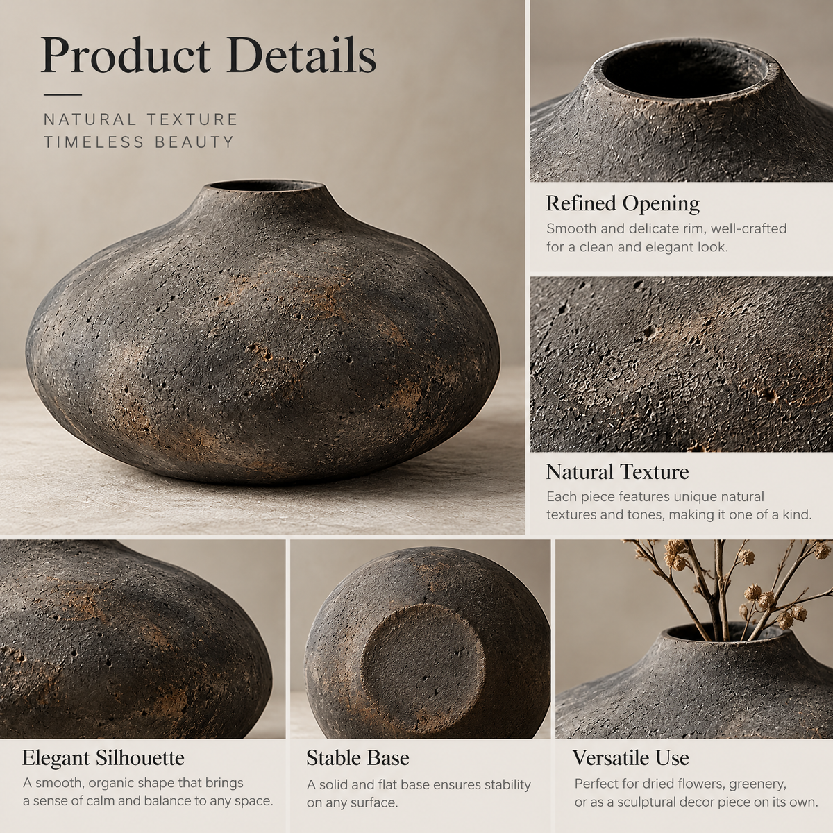 Charcoal Low-Profile Vase — visual details